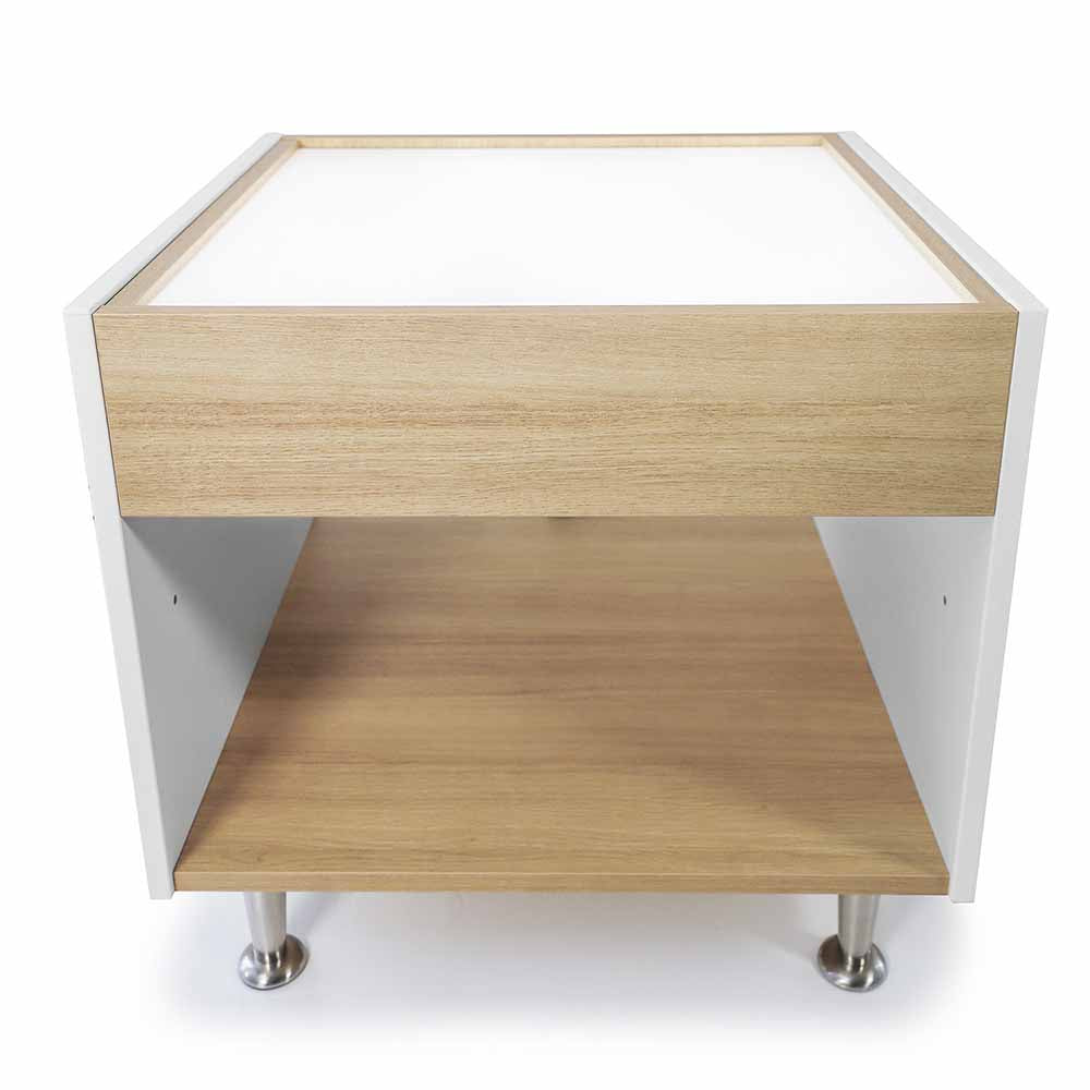 Two-tiered wooden light table with white frame and silver legs on a white background
