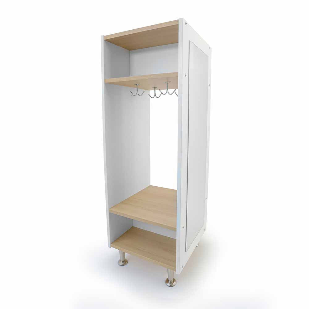 White wardrobe with wooden shelves and a small mirror on a white background
