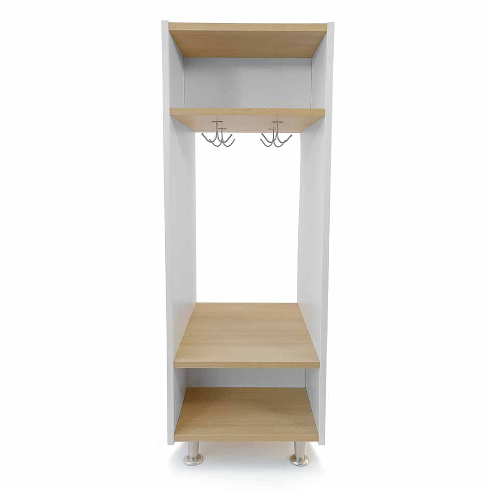 White and wooden dress-up wardrobe with shelves on a white background