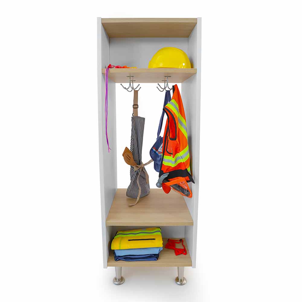 Closet with hooks and shelves holding safety gear including a hard hat and reflective vests on a white background.