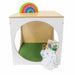 Children's play cube with green mat and toys on a white background