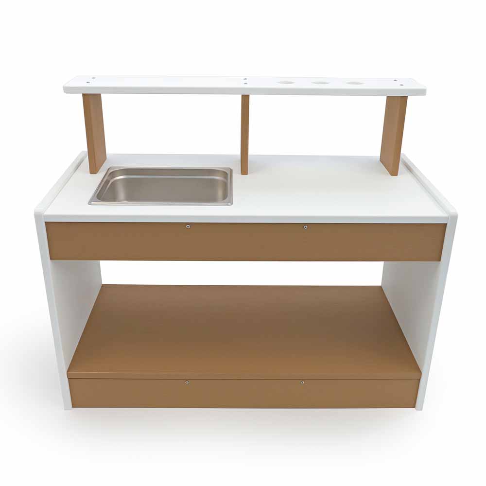 White and brown mud kitchen play set with a sink on a white background