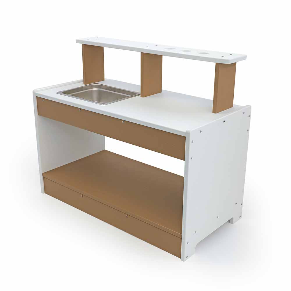 Children's play mud kitchen set with white top and brown shelves on a white background
