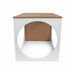 Play cube with brown top and white base on a white background