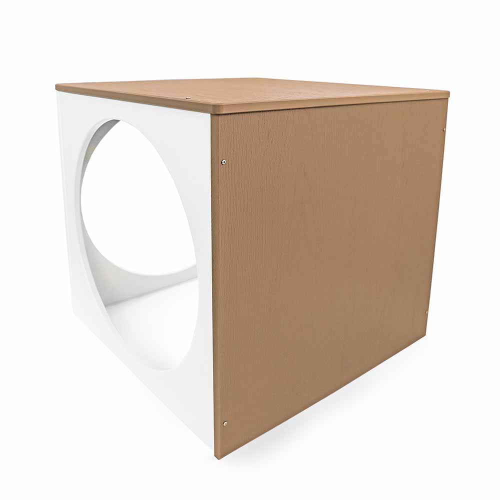 Wooden side of outdoor play cube on a white background