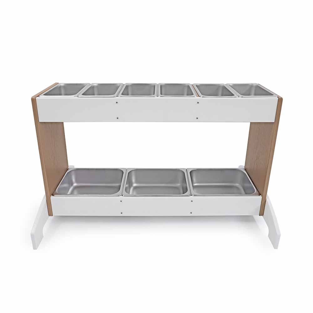 White and wooden potion station with metal trays on a white background