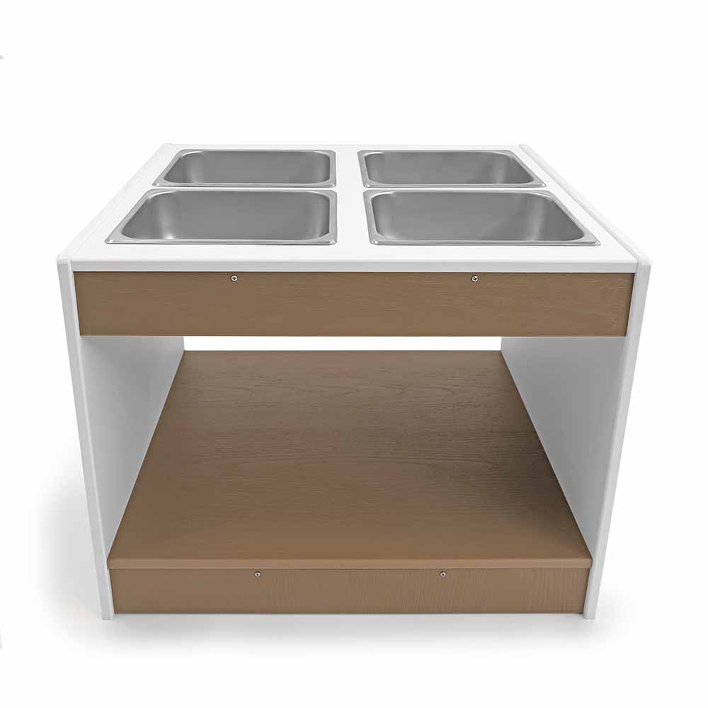 Sensory table with four stainless steel sinks and a wooden shelf on a white background