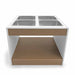 Sensory table with four stainless steel sinks and a wooden shelf on a white background