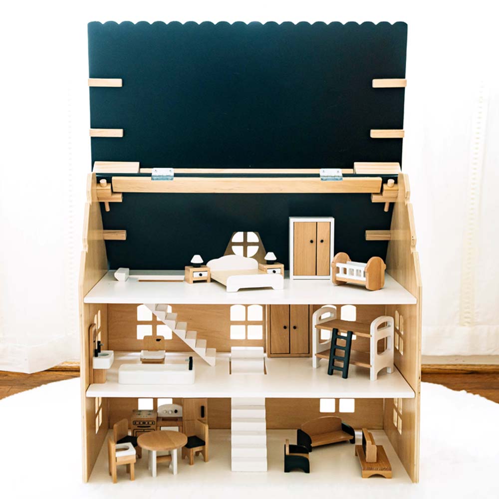 Wonder and Wise Dollhouse Back Interior View With Open Roof and Accessories