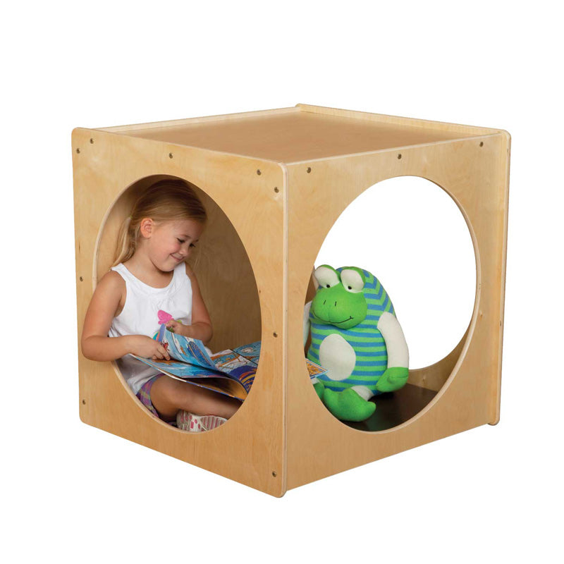 Wood Designs Giant Crawl Thru Play Cube with Brown Cushion with Child Reading