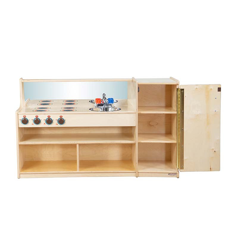 Wood Designs Play Kitchen 3-in-1 Kitchenette Front View with Pantry Door Open